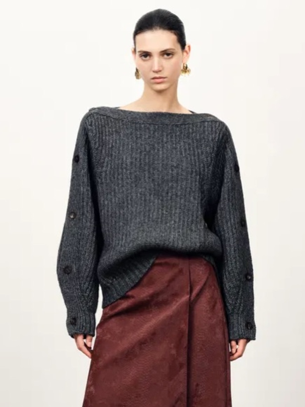 Off-the-Shoulder Charcoal Ribbed Button-Sleeve Sweater (oversized fit)